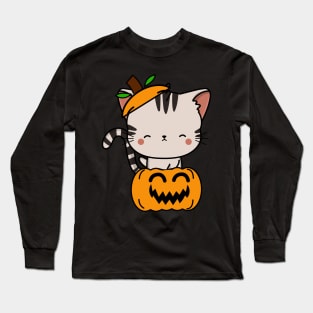 Funny tabby cat is in a pumpkin Long Sleeve T-Shirt